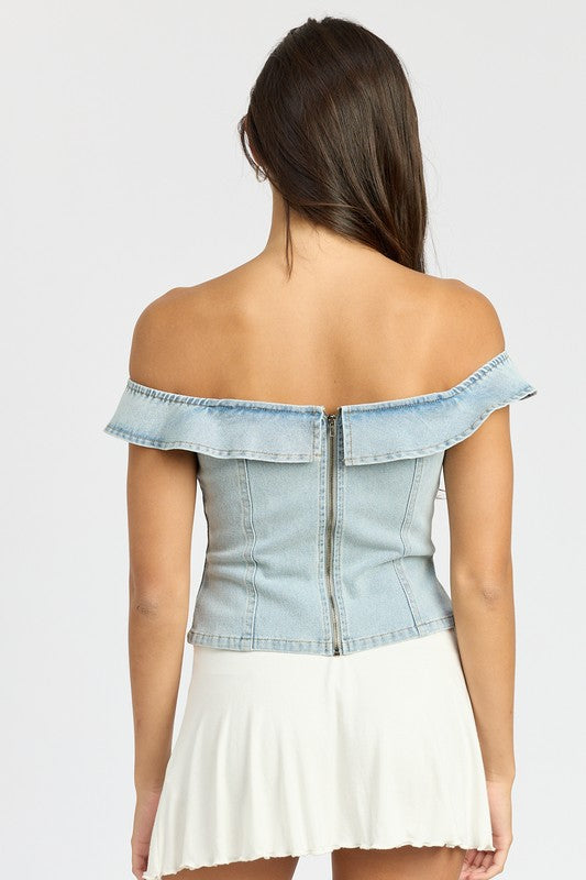 OFF SHOULDER DENIM BUSTIER TOP