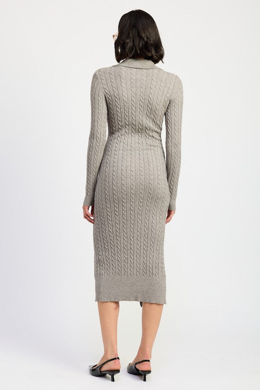 BUTTON DOWN LONG SLEEVE CABLE KNIT DRESS