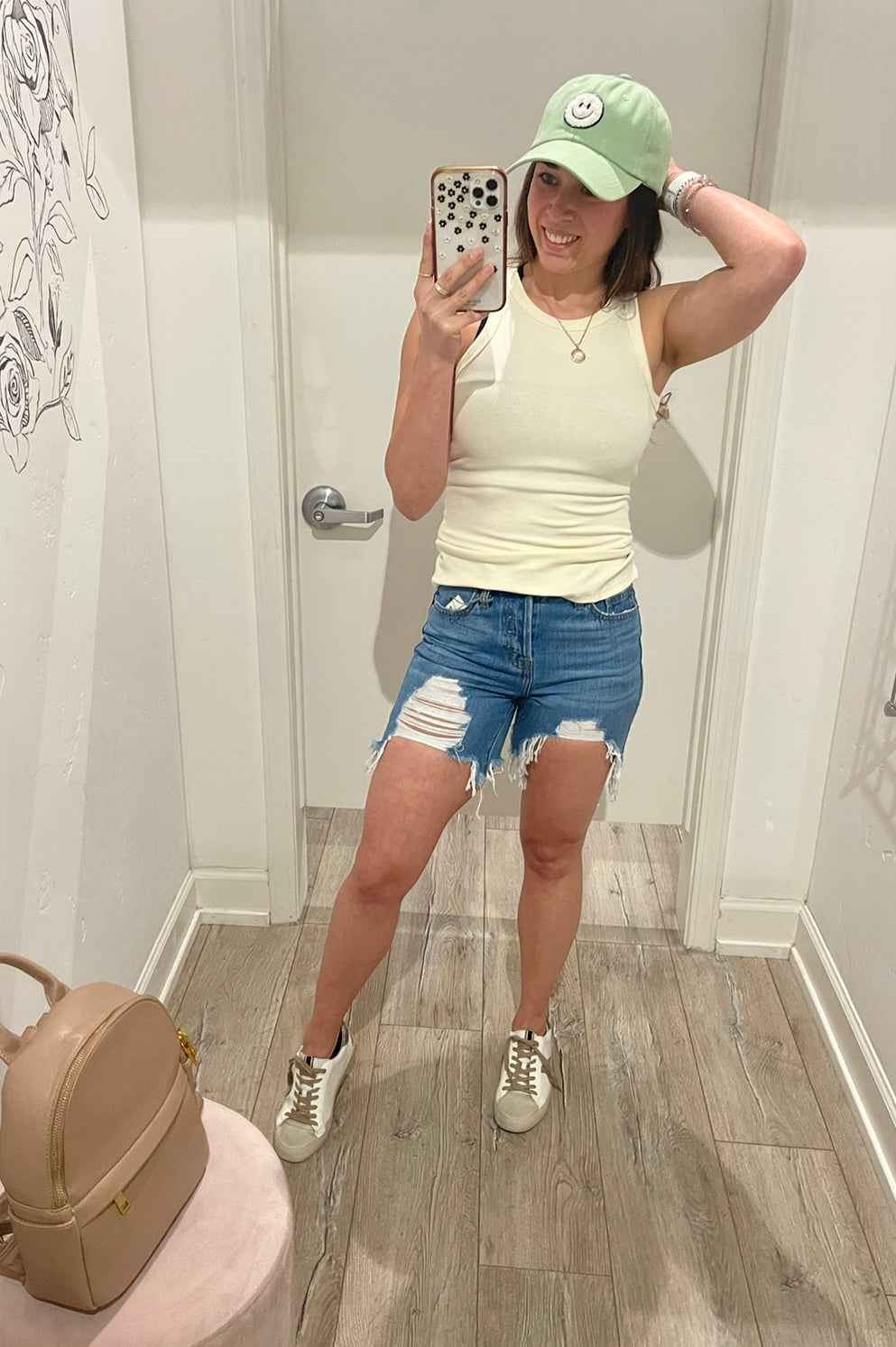 Medium wash, heavy distress, 6in inseam, mom shorts